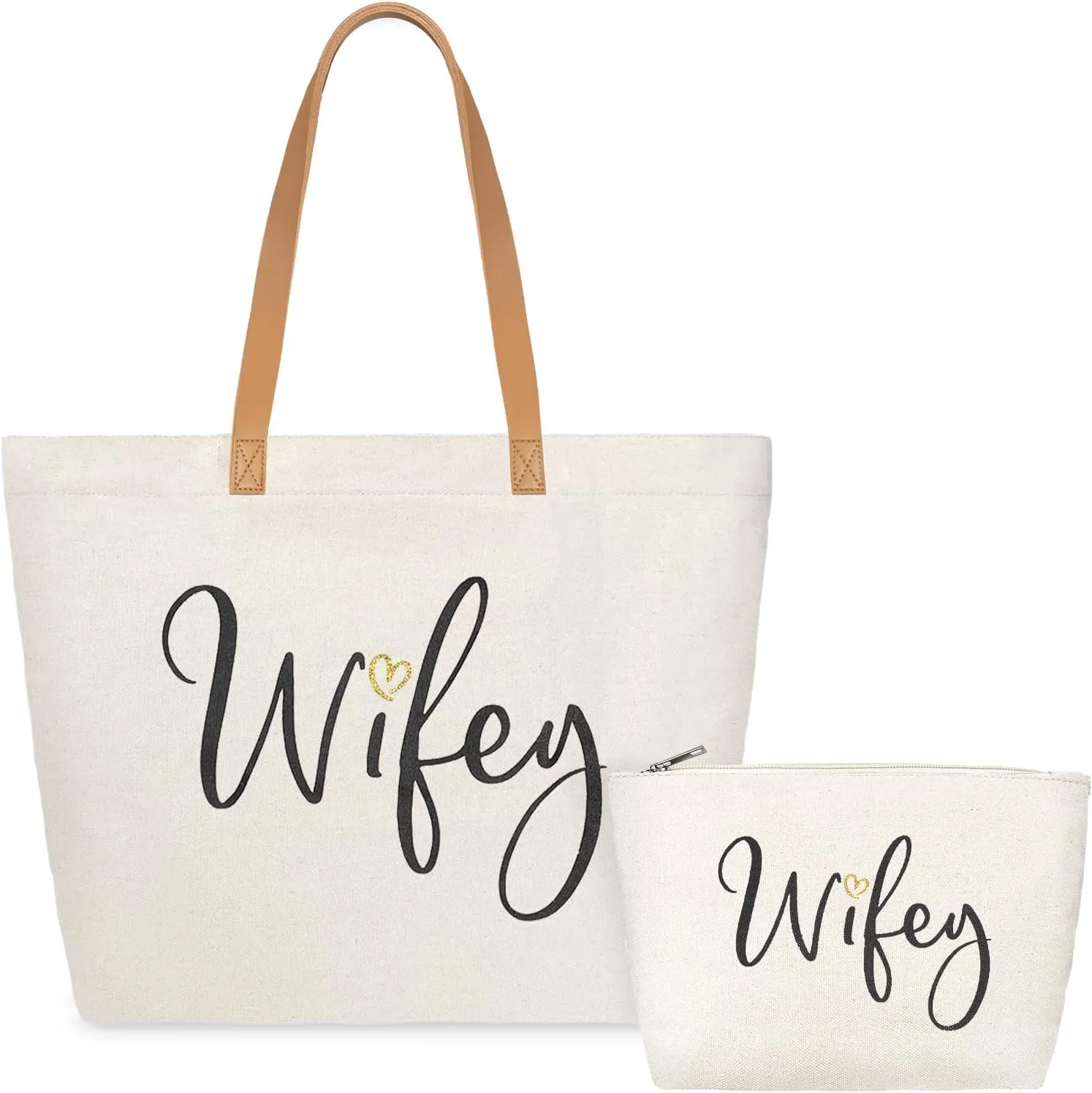 ELEGANTPARK Wifey Bag Wifey Gifts Wedding Gifts for Bride Bridal Shower Bachelorette Party Honeymoon Large Travel Shoulder Bag Canvas Totes with Zipper Set of 2