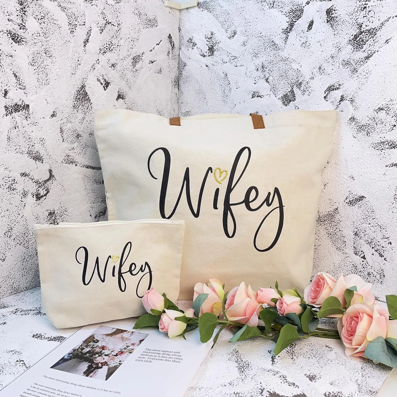ELEGANTPARK Wifey Bag Wifey Gifts Wedding Gifts for Bride Bridal Shower Bachelorette Party Honeymoon Large Travel Shoulder Bag Canvas Totes with Zipper Set of 2