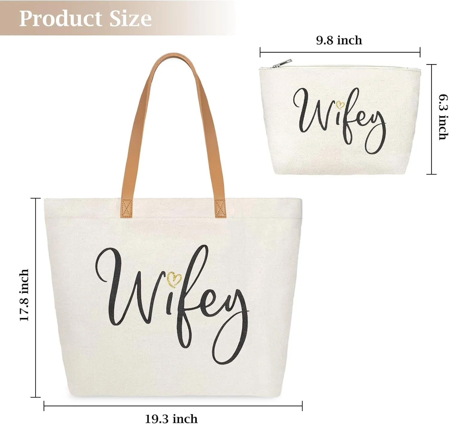 ELEGANTPARK Wifey Bag Wifey Gifts Wedding Gifts for Bride Bridal Shower Bachelorette Party Honeymoon Large Travel Shoulder Bag Canvas Totes with Zipper Set of 2