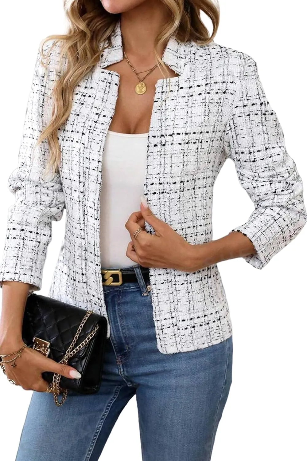 ELLEVEN Womens' Tweed Blazer Long Sleeve Jacket Notch Collar Fully Lined Casual Business Trendy Elegant Work Office Coat
