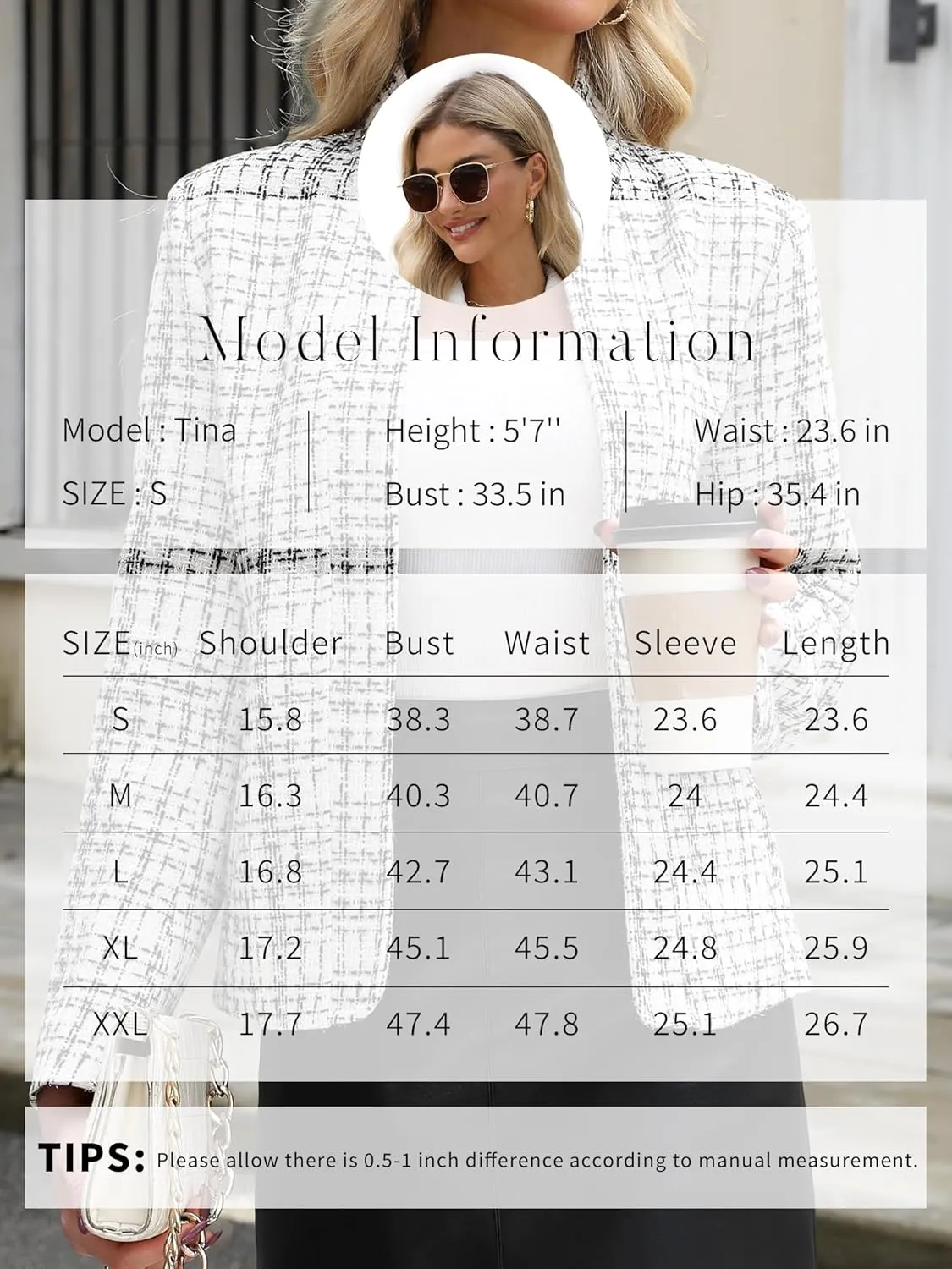 ELLEVEN Womens' Tweed Blazer Long Sleeve Jacket Notch Collar Fully Lined Casual Business Trendy Elegant Work Office Coat