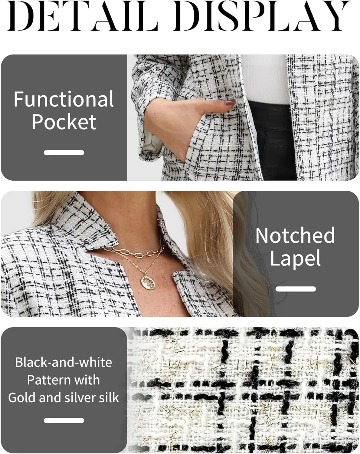 ELLEVEN Womens' Tweed Blazer Long Sleeve Jacket Notch Collar Fully Lined Casual Business Trendy Elegant Work Office Coat