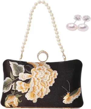 Embroidery Bag Floral Clutch Purse with Pearl Chain for Women Evening Bags and Clutches Chinese Purse