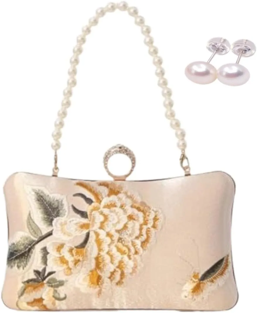 Embroidery Bag Floral Clutch Purse with Pearl Chain for Women Evening Bags and Clutches Chinese Purse