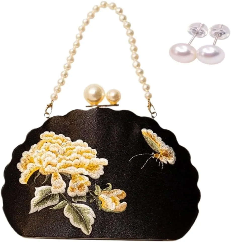 Embroidery Bag Floral Clutch Purse with Pearl Chain for Women Evening Bags and Clutches Chinese Purse
