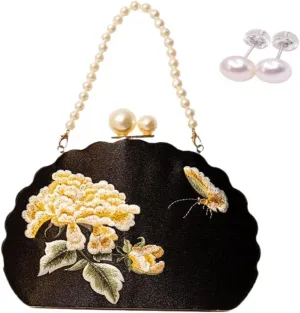 Embroidery Bag Floral Clutch Purse with Pearl Chain for Women Evening Bags and Clutches Chinese Purse