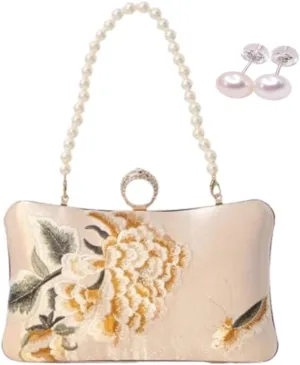 Embroidery Bag Floral Clutch Purse with Pearl Chain for Women Evening Bags and Clutches Chinese Purse