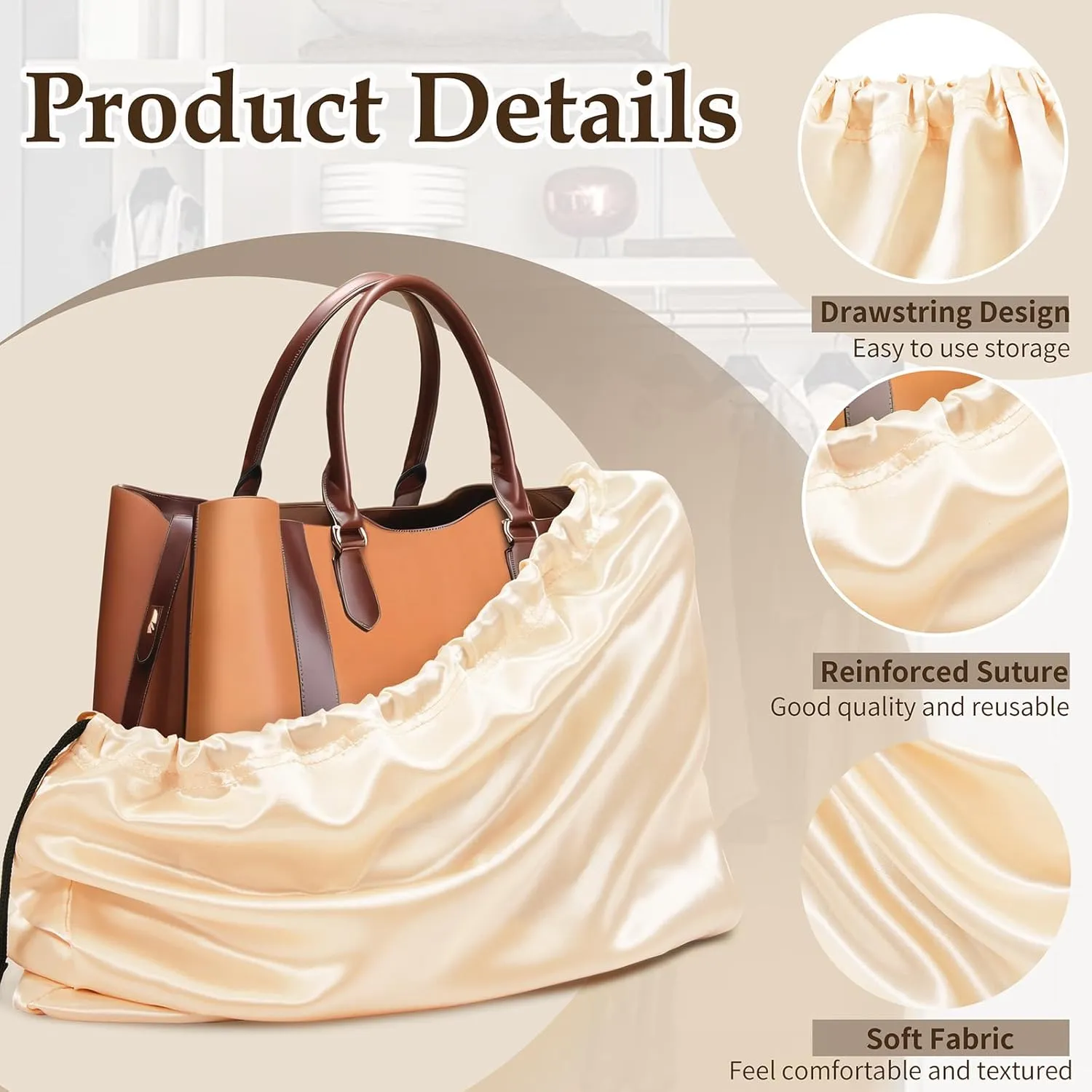 Ersmak 6 Pack Dust Bags for Handbags - Beige Silk Dust Cover Bag for Purses Shoes - Satin Drawstring Dustproof Bags for Travel Storage - 23.6 x 19.7 In