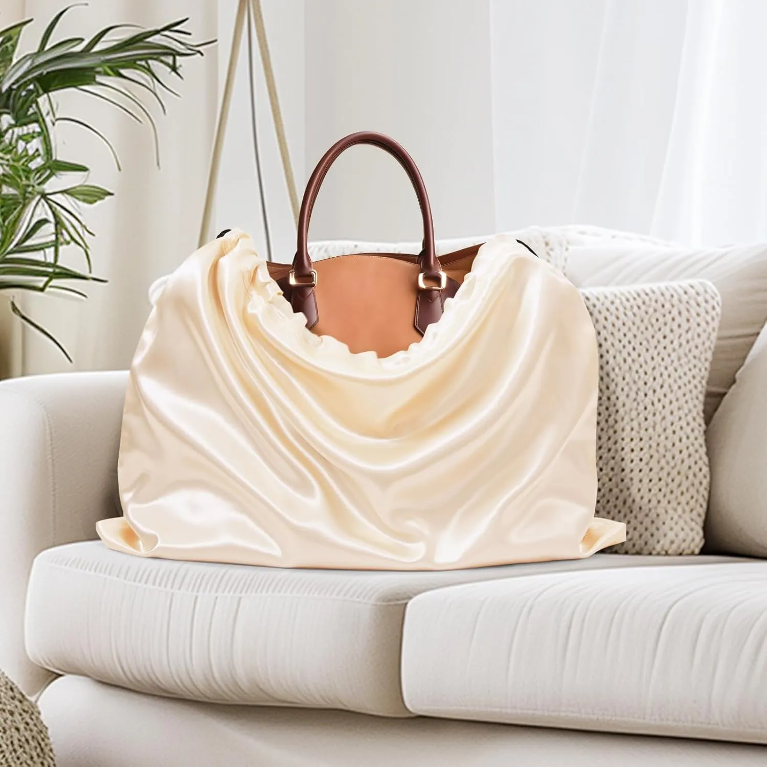 Ersmak 6 Pack Dust Bags for Handbags - Beige Silk Dust Cover Bag for Purses Shoes - Satin Drawstring Dustproof Bags for Travel Storage - 23.6 x 19.7 In