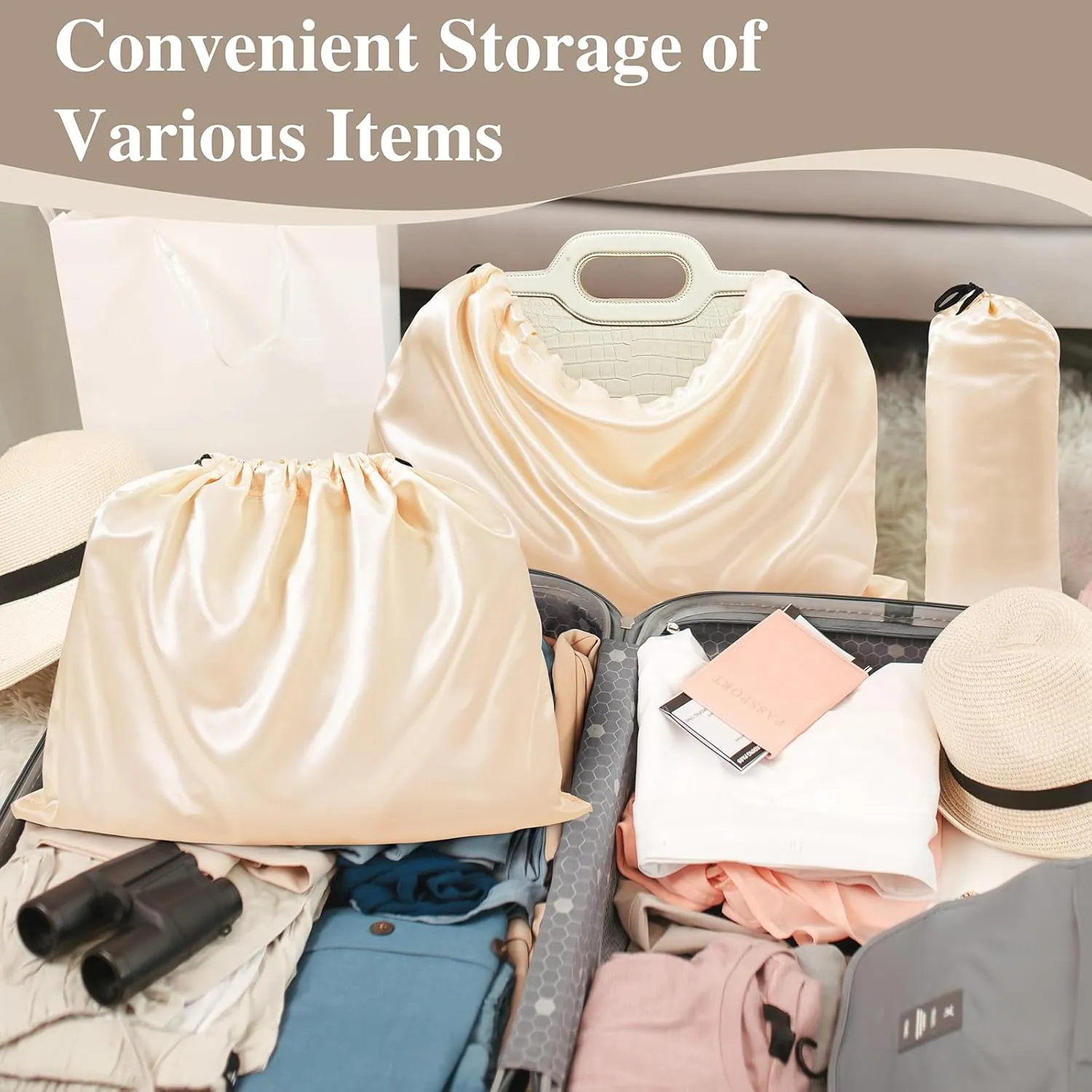 Ersmak 6 Pack Dust Bags for Handbags - Beige Silk Dust Cover Bag for Purses Shoes - Satin Drawstring Dustproof Bags for Travel Storage - 23.6 x 19.7 In