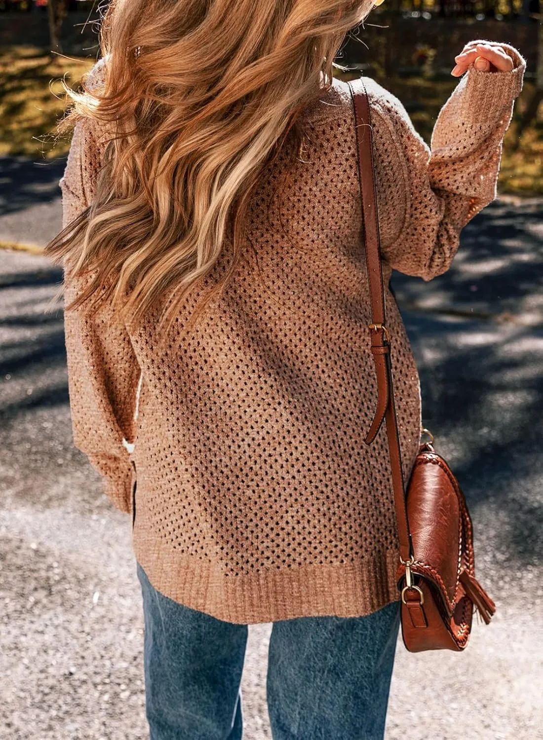 EVALESS Sweaters for Women 2024 Fall Winter Long Sleeve V Neck Crochet Sweater Hollow Out Knitwear Pullover Jumper Tops