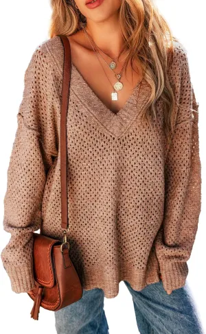 EVALESS Sweaters for Women 2024 Fall Winter Long Sleeve V Neck Crochet Sweater Hollow Out Knitwear Pullover Jumper Tops