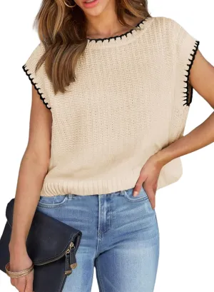 EVALESS Womens Cap Sleeve Sweater Vest Crewneck Short Sleeve Sweaters 2025 Spring Summer Trendy Casual Knit Tops