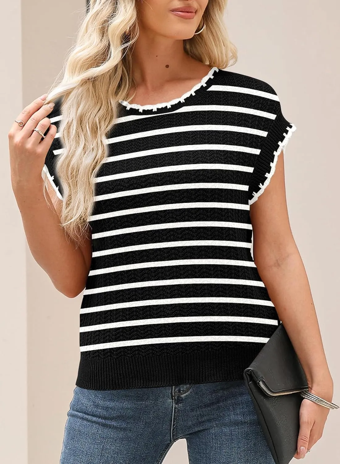 EVALESS Womens Cap Sleeve Sweater Vest Crewneck Short Sleeve Sweaters 2025 Spring Summer Trendy Casual Knit Tops