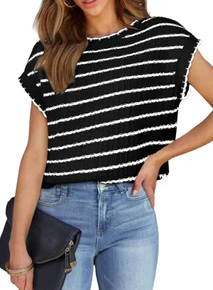 EVALESS Womens Cap Sleeve Sweater Vest Crewneck Short Sleeve Sweaters 2025 Spring Summer Trendy Casual Knit Tops