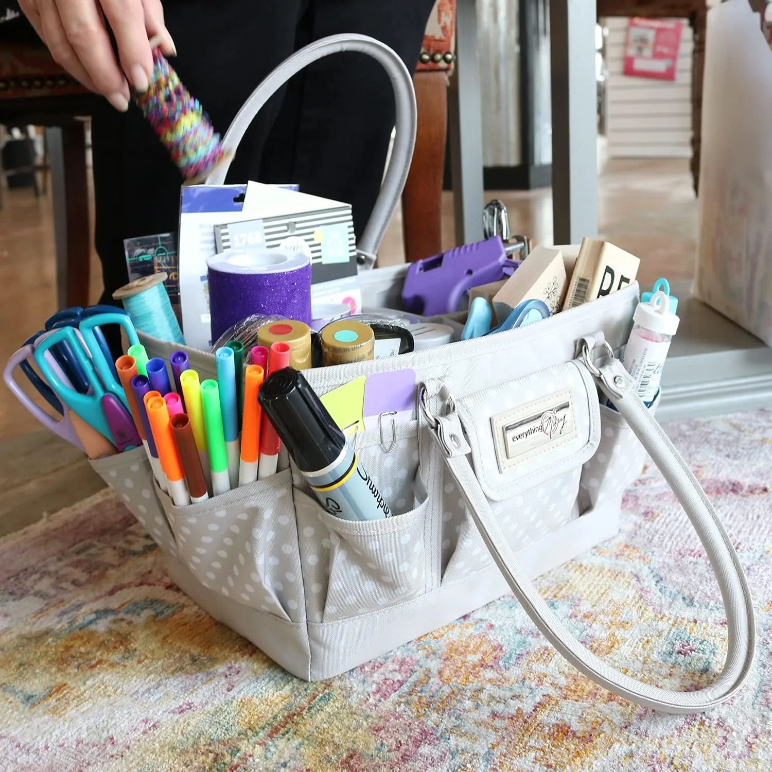 Everything Mary Craft Bag Organizer Tote, Tan Dot - Storage Art Caddy for Sewing & Scrapbooking - Crafts Supply Carrier for Supplies & Tools - Organization for School, Medical, Office