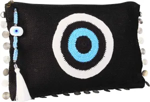 Evil Eye Black Blue Clutch Bag for Women Beach Bag Zipper Closure Wipeable Lining with Crystals Tassels (w/o Chain)