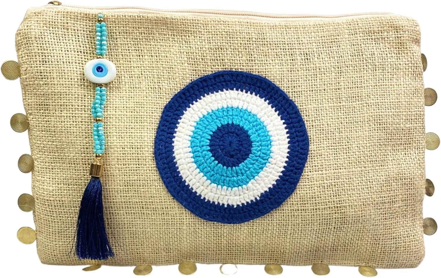 Evil Eye Clutch Bag Eco Friendly Jute Handheld Purse Large Space Zipper Closure Wipeable Liner Crystal Decoration