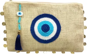 Evil Eye Clutch Bag Eco Friendly Jute Handheld Purse Large Space Zipper Closure Wipeable Liner Crystal Decoration