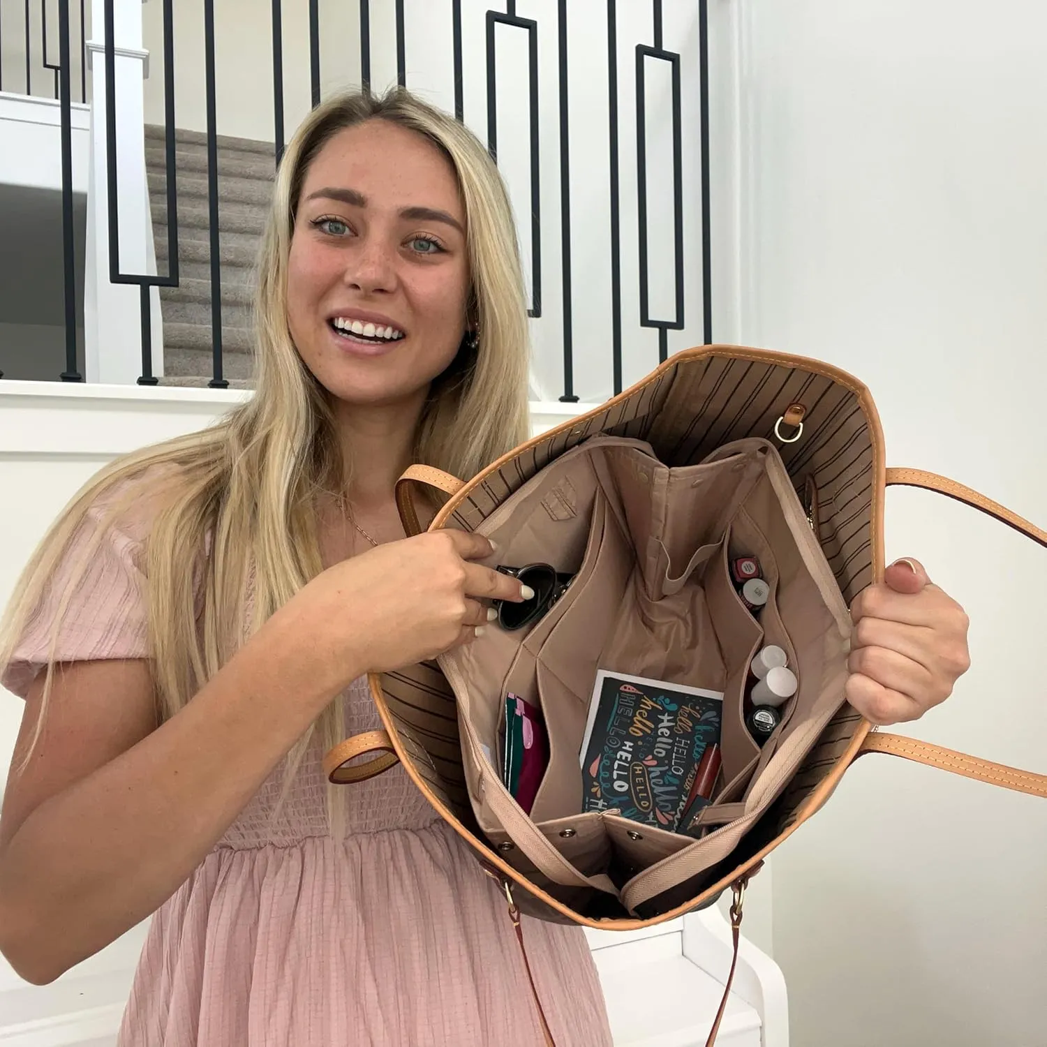 Exclusive Zippered Purse Organizer Insert For Handbags, Shaper For Speedy, Neverfull, On The Go & Graceful Totes (Jumbo, Tan)