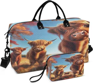 Exnundod Women Weekender Bags Funny Highland Cow Travel Duffel Bags Carry On Overnight Bag Autumn Trees Large Hospital Tote Luggage