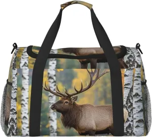 Fall Birch Leaves Elk Travel Duffel Bag Lightweight Waterproof Carry On Tote Bag Foldable Weekender Overnight Bags Sport Gym Bag For Women Men
