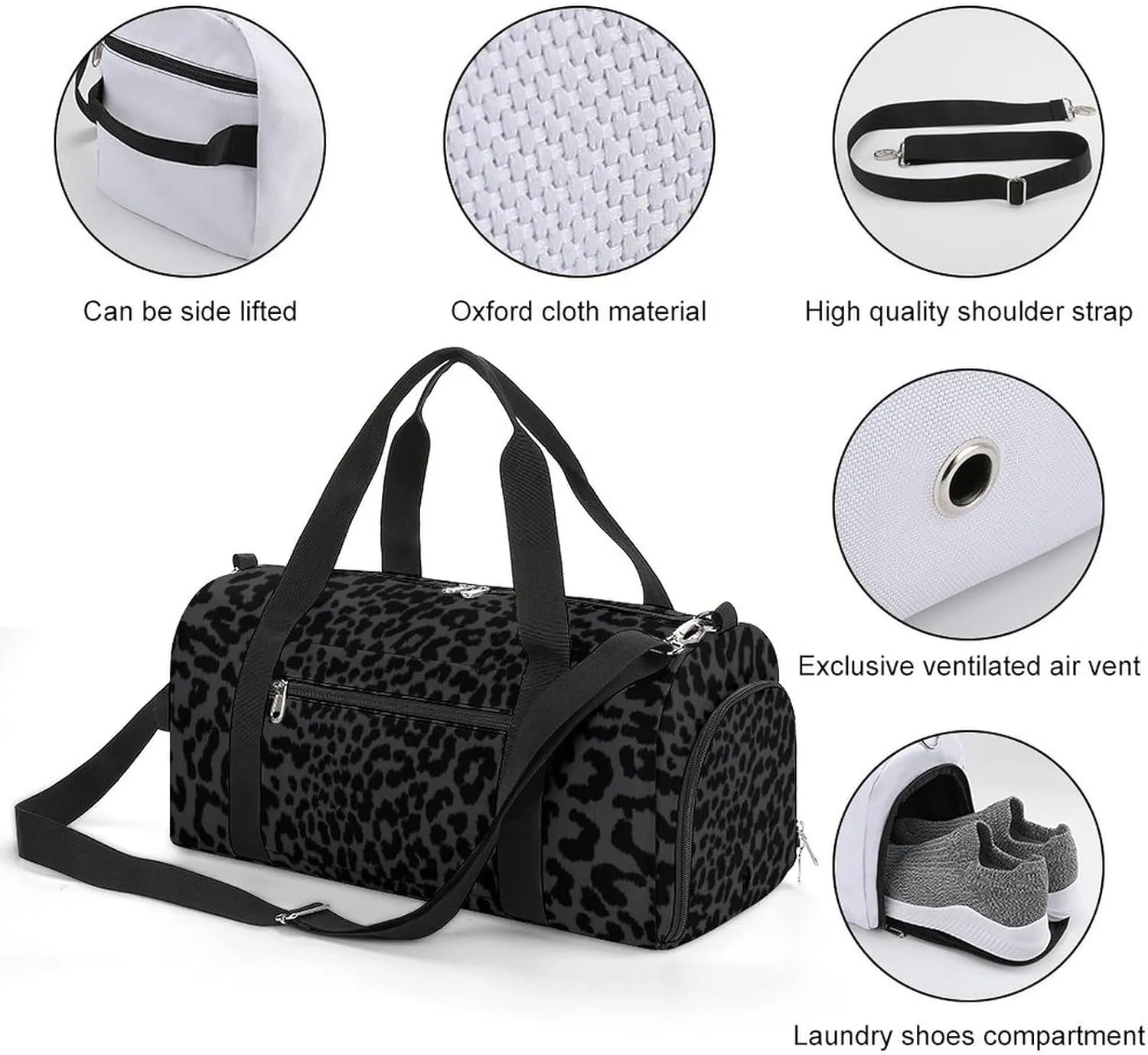 Fashion Overnight Luggage bag Travel Weekender Duffle Bag Sport Beach Yoga bag Compatible with Dark Gray Black Leopard Cheetah Print