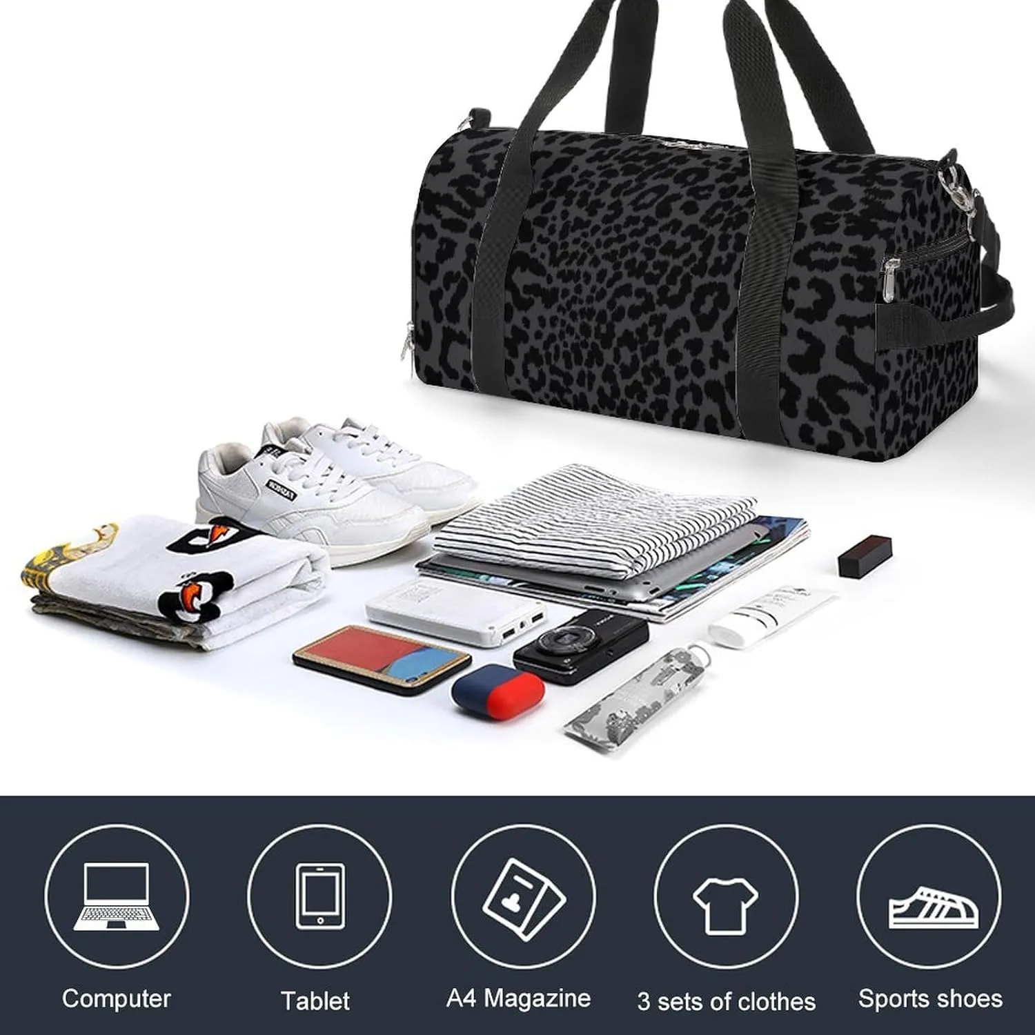 Fashion Overnight Luggage bag Travel Weekender Duffle Bag Sport Beach Yoga bag Compatible with Dark Gray Black Leopard Cheetah Print
