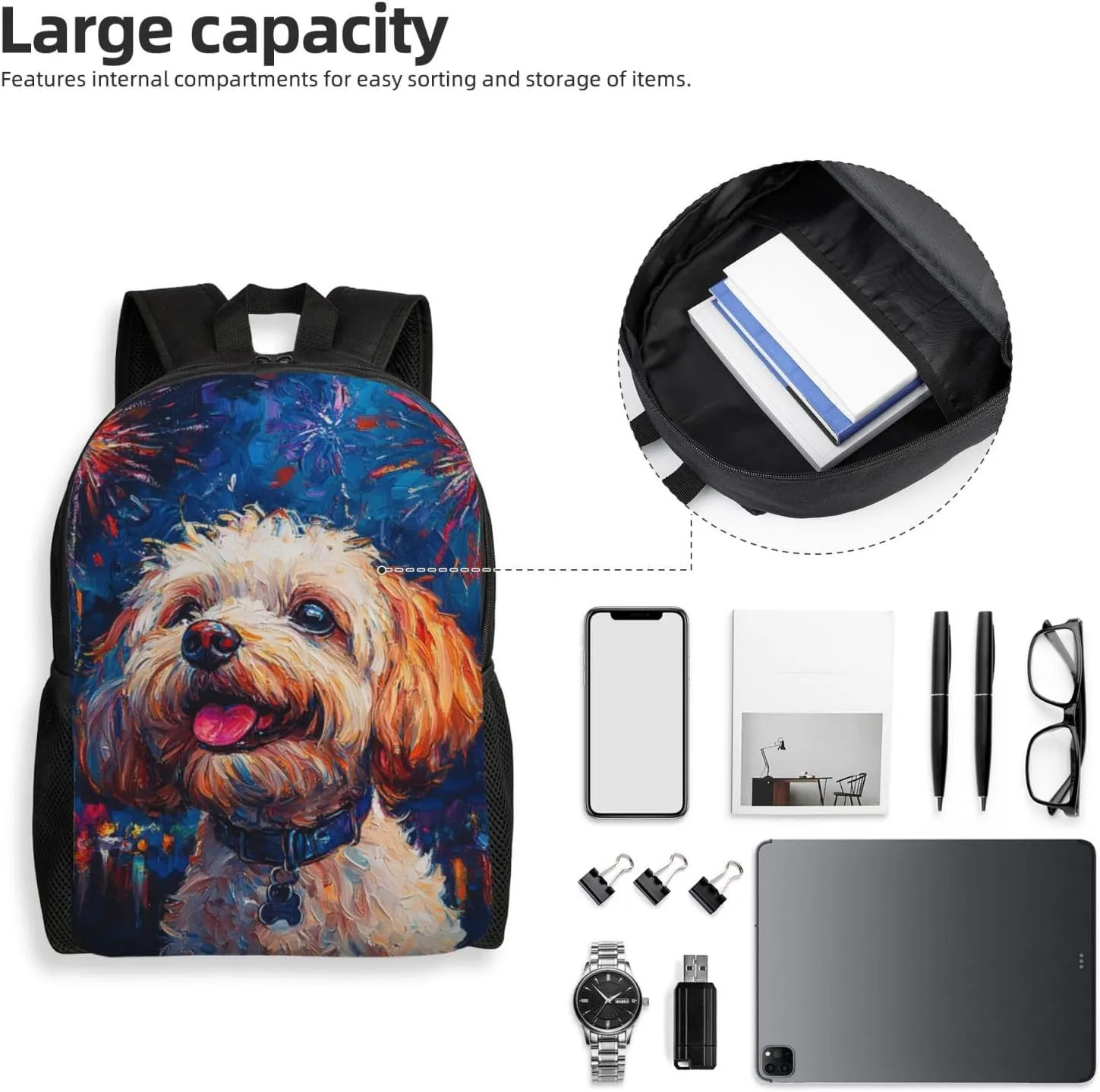 Fireworks Dog Backpack Waterproof Anti Theft Durable Light Laptop Bag Backpacks For Women Men Travel Gym Backpack