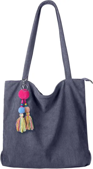 FITDON Corduroy Totes Bag with Zip, Shoulder Bags Handbags Women's Hobos Large Capacity Shopping Bag with Inner Pocket