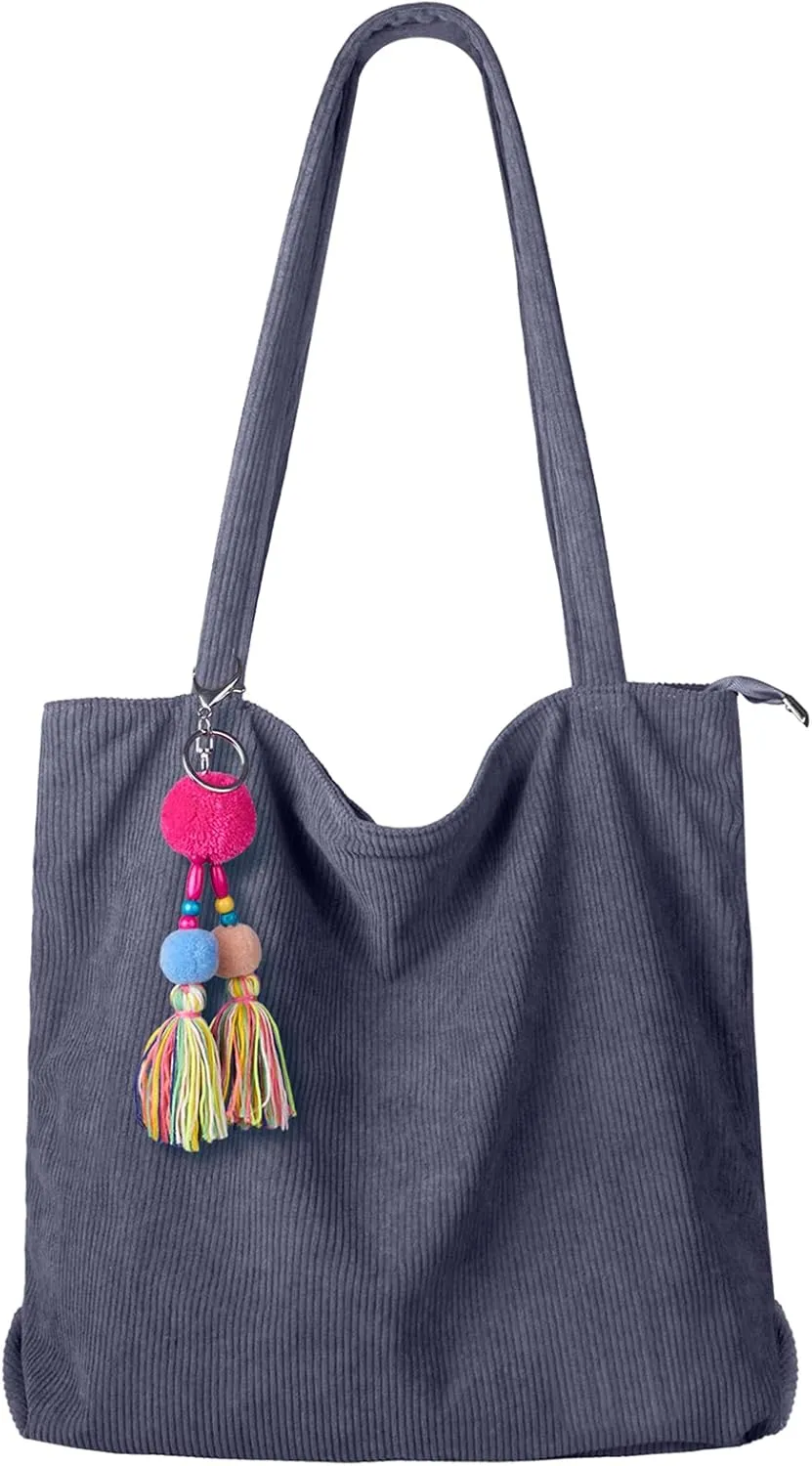 FITDON Corduroy Totes Bag with Zip, Shoulder Bags Handbags Women's Hobos Large Capacity Shopping Bag with Inner Pocket