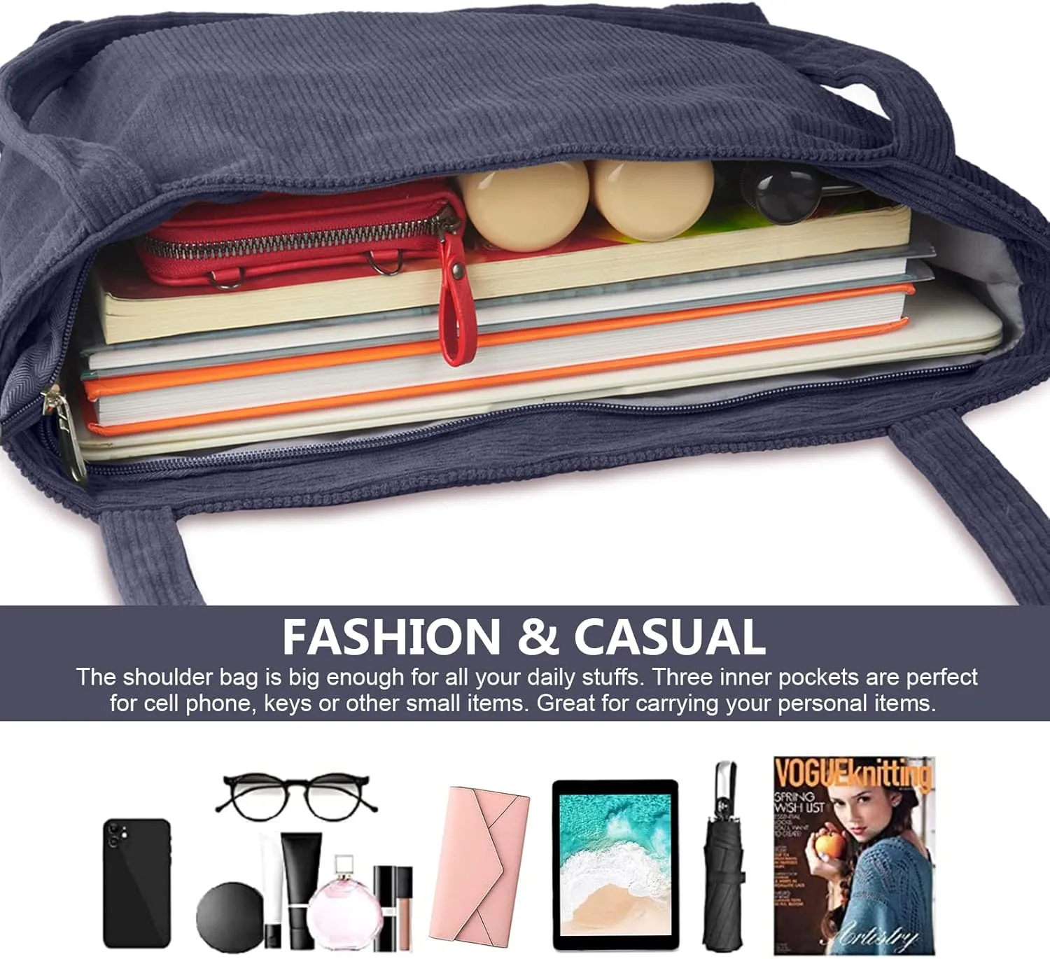 FITDON Corduroy Totes Bag with Zip, Shoulder Bags Handbags Women's Hobos Large Capacity Shopping Bag with Inner Pocket