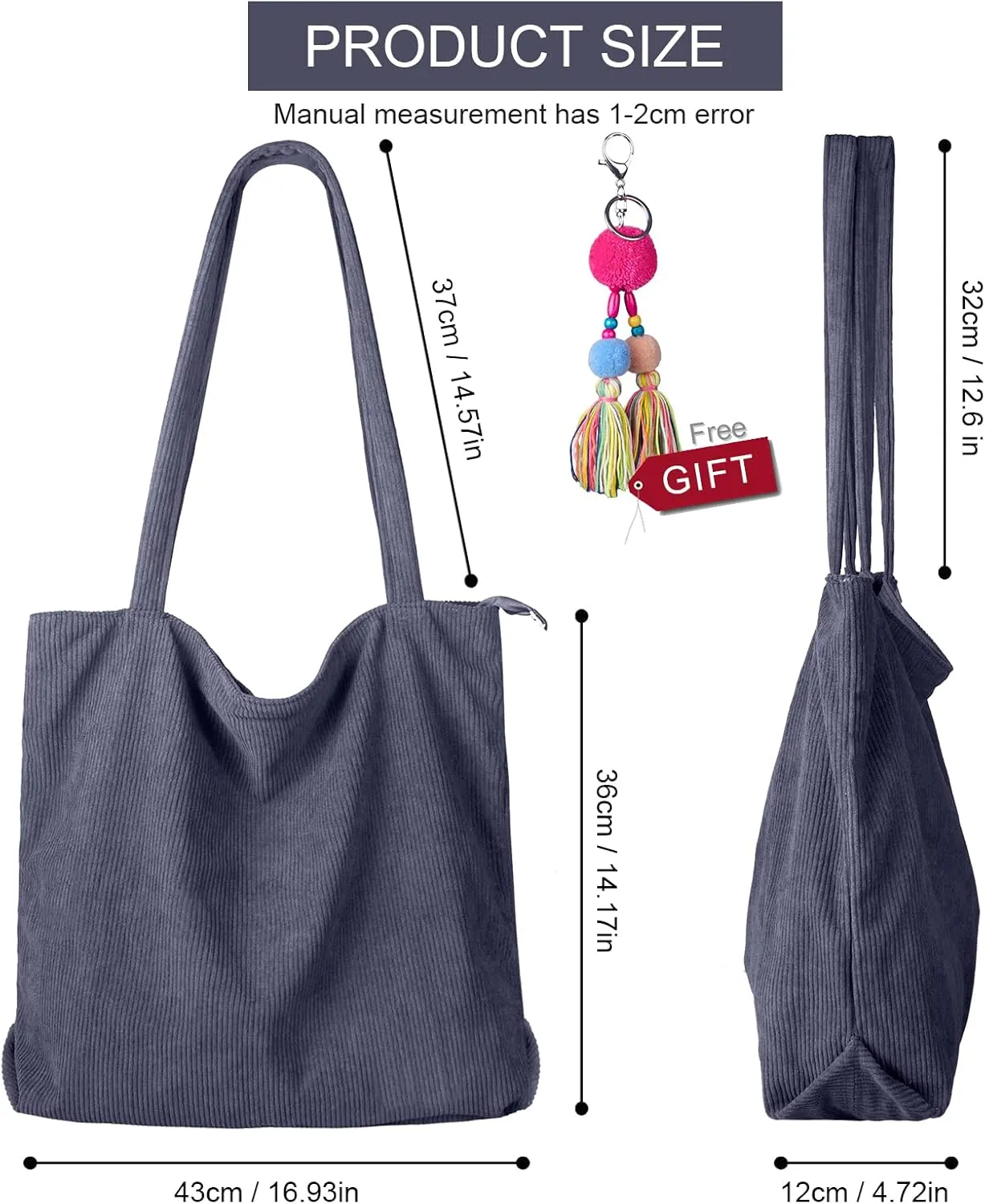 FITDON Corduroy Totes Bag with Zip, Shoulder Bags Handbags Women's Hobos Large Capacity Shopping Bag with Inner Pocket