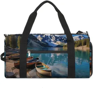 Fitness Bag, Moraine Lake Canoes Print Reusable Gym Bag Sports Travel Fitness Bag Essentials Gym Bag with Shoe Compartment, style