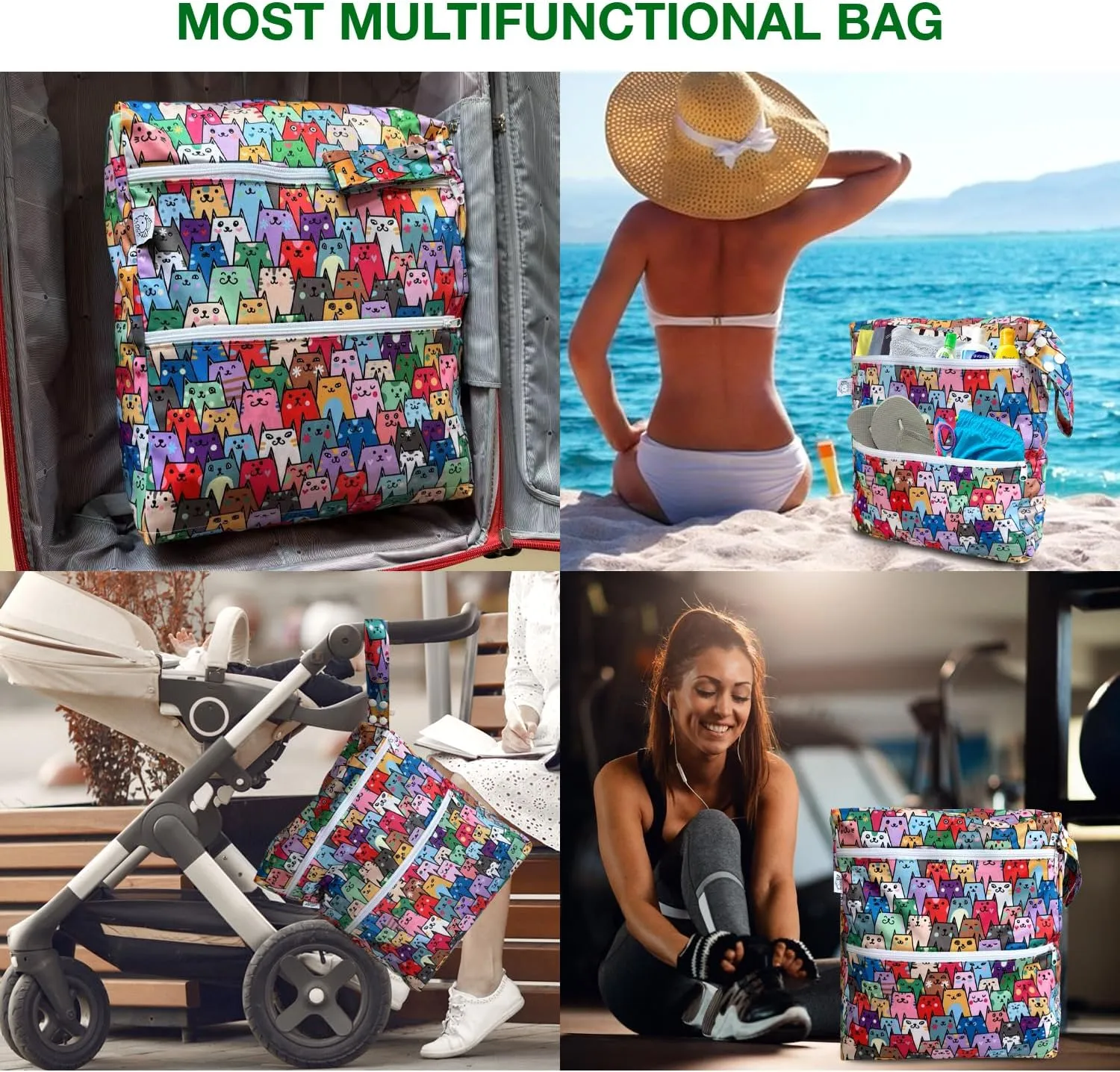 FLOCK THREE 3D Waterproof and Washable Wet Bag Luggage Organiser for Travel storage Stroller Daycare Baby Diapers Yoga Beach Pool Swimsuits Luggage Packing for Travel Accessories (Colourful Cats)
