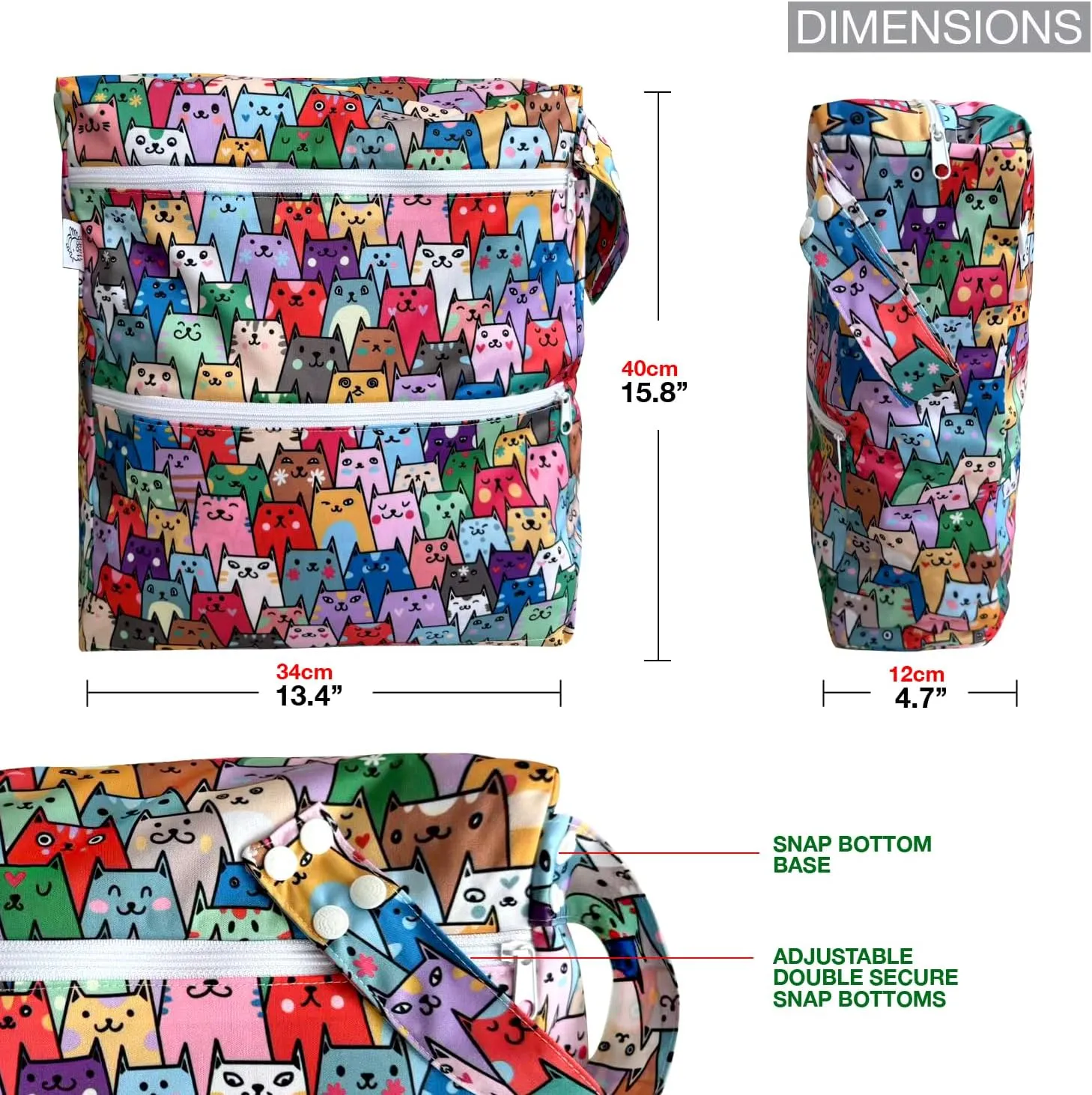 FLOCK THREE 3D Waterproof and Washable Wet Bag Luggage Organiser for Travel storage Stroller Daycare Baby Diapers Yoga Beach Pool Swimsuits Luggage Packing for Travel Accessories (Colourful Cats)