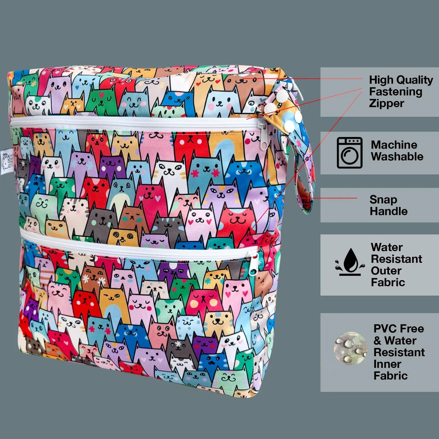 FLOCK THREE 3D Waterproof and Washable Wet Bag Luggage Organiser for Travel storage Stroller Daycare Baby Diapers Yoga Beach Pool Swimsuits Luggage Packing for Travel Accessories (Colourful Cats)