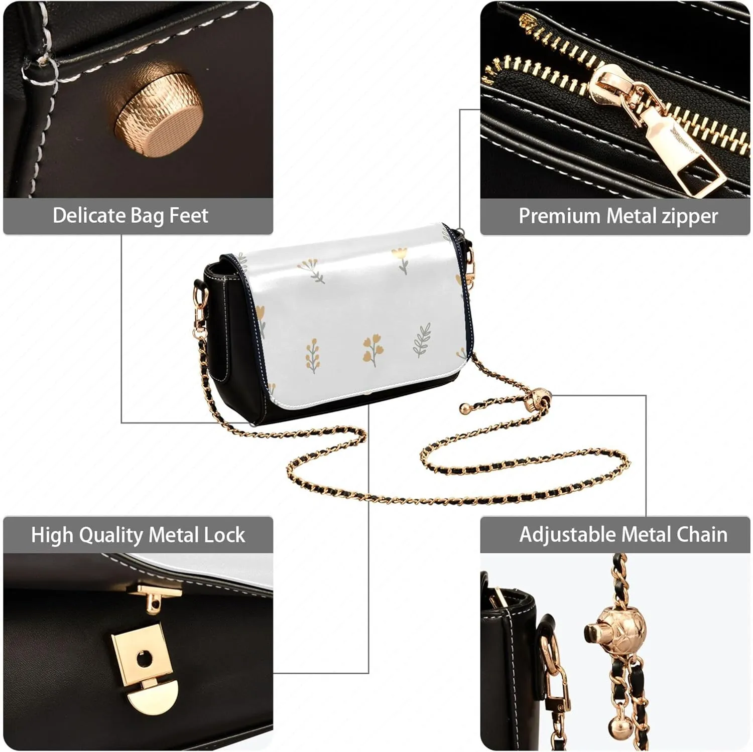 Floral Blue Small Flower Shoulder Leather Bags Black Women Crossbody Bag Purses Trendy Handbag with Chain Strap