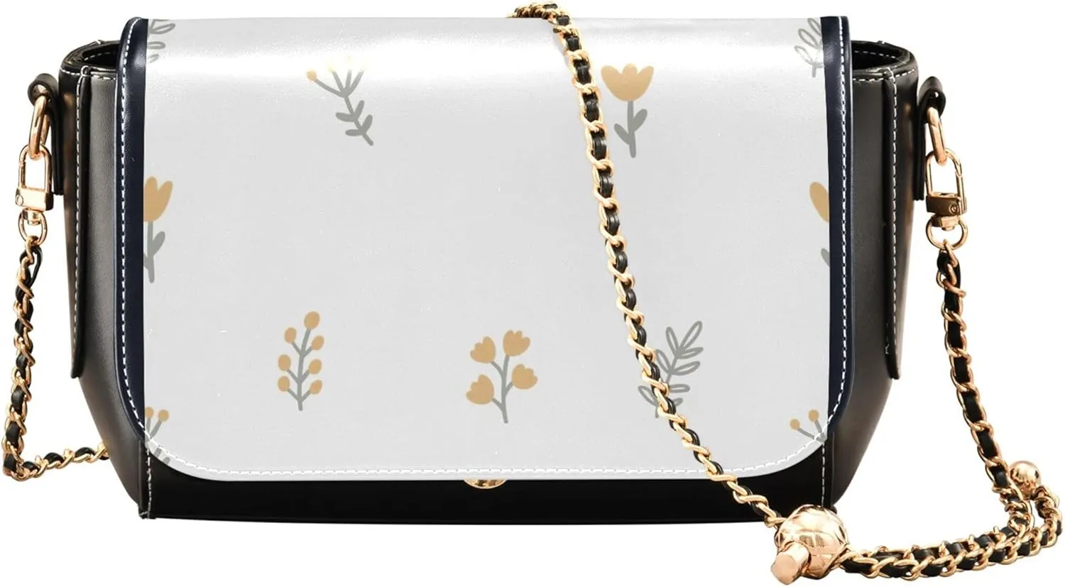 Floral Blue Small Flower Shoulder Leather Bags Black Women Crossbody Bag Purses Trendy Handbag with Chain Strap