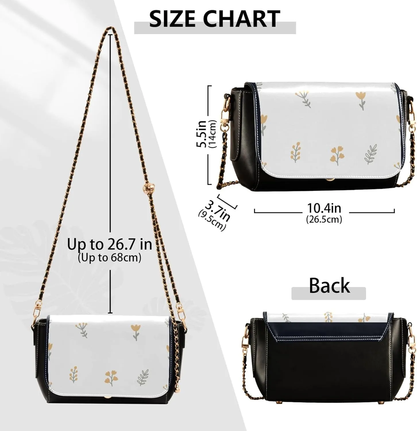 Floral Blue Small Flower Shoulder Leather Bags Black Women Crossbody Bag Purses Trendy Handbag with Chain Strap