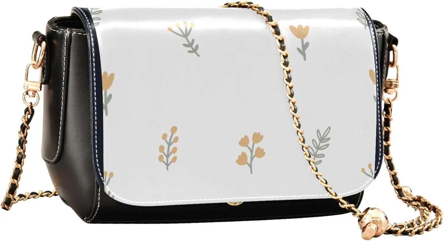 Floral Blue Small Flower Shoulder Leather Bags Black Women Crossbody Bag Purses Trendy Handbag with Chain Strap