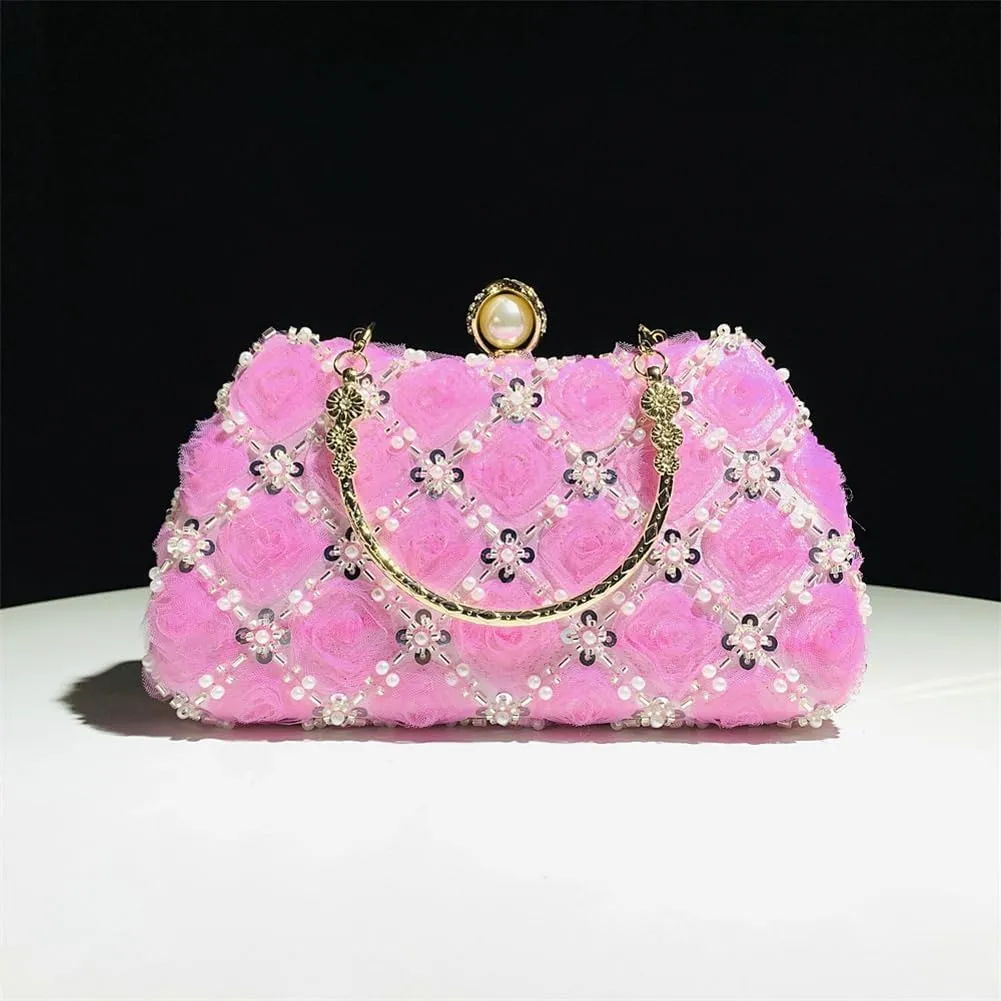 Floral Evening Handbags Women Satin Pearl Beaded Clutch Purses Chain Shoulder Bag Prom Bride Wedding Handbags 2025