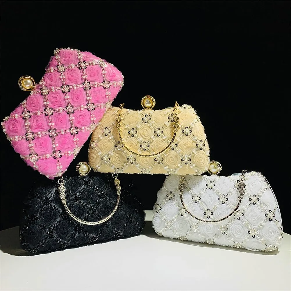 Floral Evening Handbags Women Satin Pearl Beaded Clutch Purses Chain Shoulder Bag Prom Bride Wedding Handbags 2025