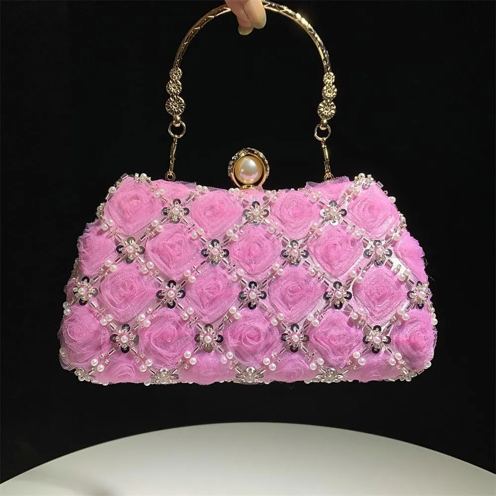 Floral Evening Handbags Women Satin Pearl Beaded Clutch Purses Chain Shoulder Bag Prom Bride Wedding Handbags 2025