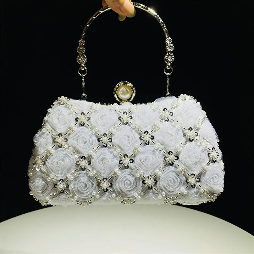 Floral Evening Handbags Women Satin Pearl Beaded Clutch Purses Chain Shoulder Bag Prom Bride Wedding Handbags 2025
