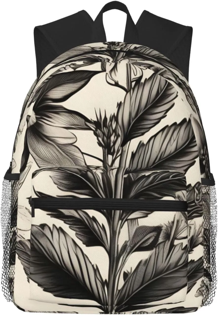 Floral Herbs Botanical Pattern Print Adults Casual Travel Zipper Bookbag Polyester Travel Daypack Bag Multiple Pockets