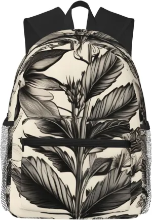 Floral Herbs Botanical Pattern Print Adults Casual Travel Zipper Bookbag Polyester Travel Daypack Bag Multiple Pockets