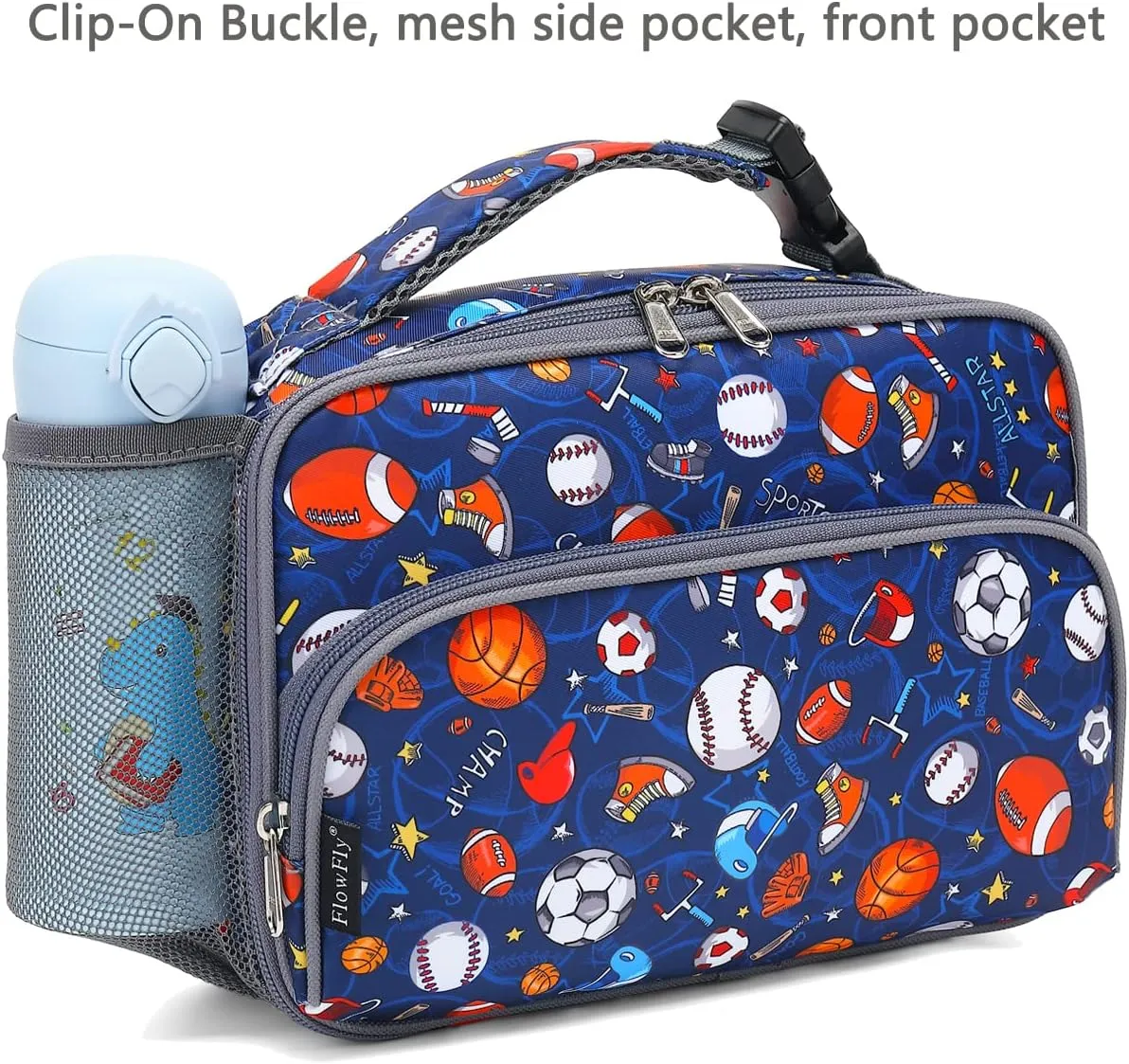 FlowFly Kids Lunch box with buckle Insulated Cooler Back to School Thermal Meal Tote Kit for Girls, Boys (Rugby)