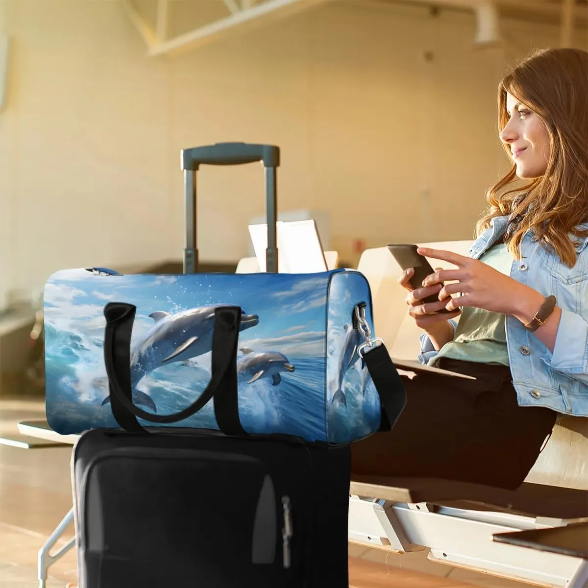 Foldable Travel Bag Dolphins Lightweight Carry On Bags for Airplanes Waterproof Travel Duffle Bag For Gym Weekend Overnight
