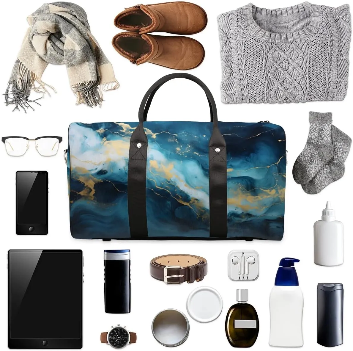 Foldable Travel Bag Navy Blue Marble Style Lightweight Carry On Bags for Airplanes Waterproof Travel Duffle Bag For Gym Weekend Overnight